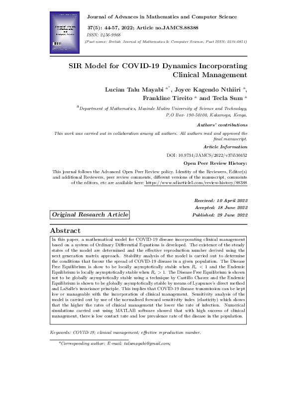 (PDF) SIR Model for COVID-19 Dynamics Incorporating Clinical Management