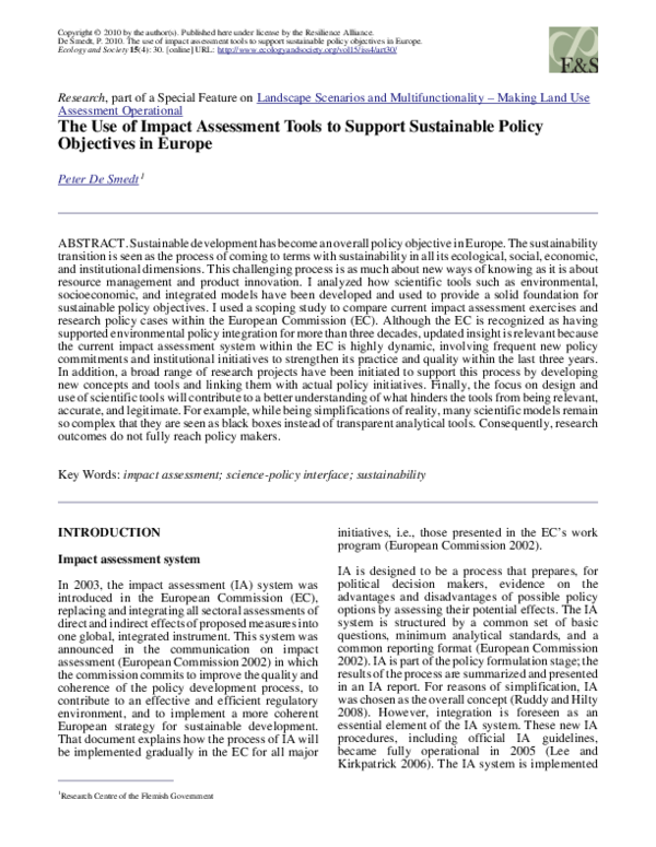 (PDF) The Use of Impact Assessment Tools to Support Sustainable Policy