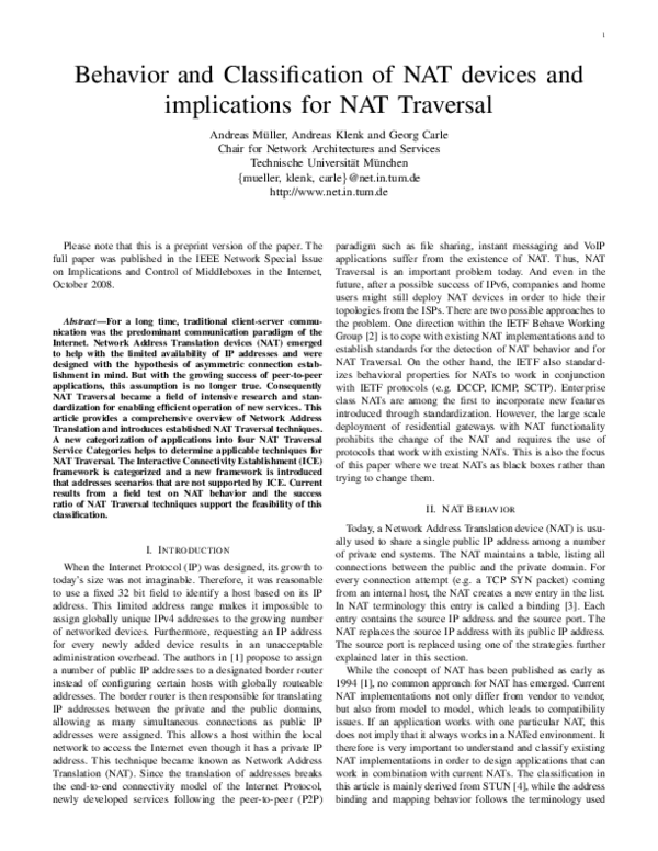 (PDF) Behavior and classification of NAT devices and implications for ...