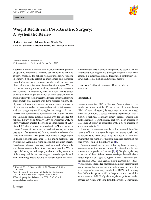 (PDF) Weight Recidivism PostBariatric Surgery A Systematic Review Balpreet Brar Academia.edu