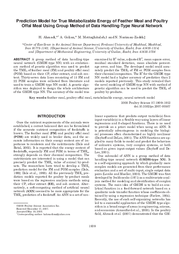 (PDF) Prediction Model for True Metabolizable Energy of Feather Meal ...