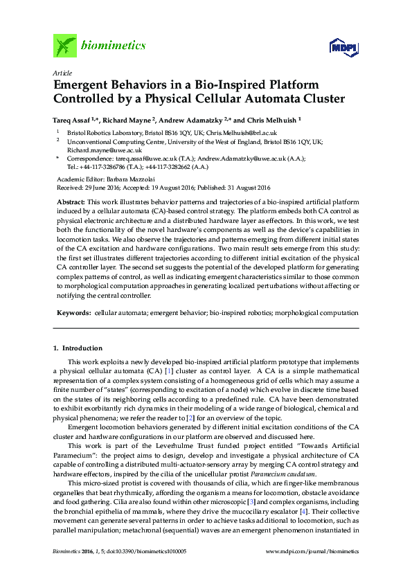 (PDF) Emergent Behaviors in a Bio-Inspired Platform Controlled by a ...