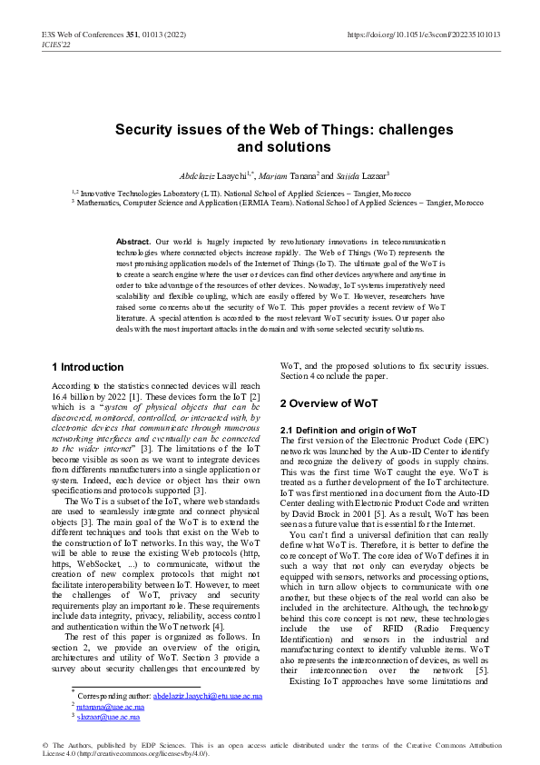(PDF) Security issues of the Web of Things: challenges and solutions