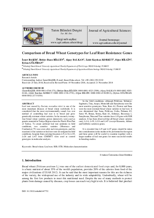 (PDF) Comparison of Bread Wheat Genotypes for Leaf Rust Resistance Genes