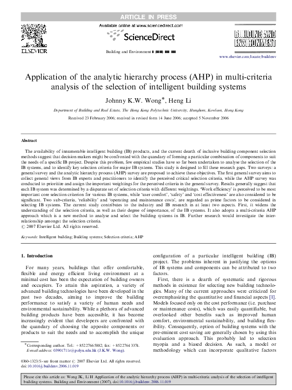 (PDF) Application of the analytic hierarchy process (AHP) in multi ...