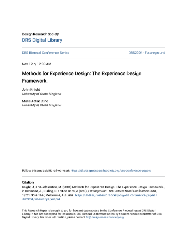 (PDF) Methods for Experience Design: The Experience Design Framework