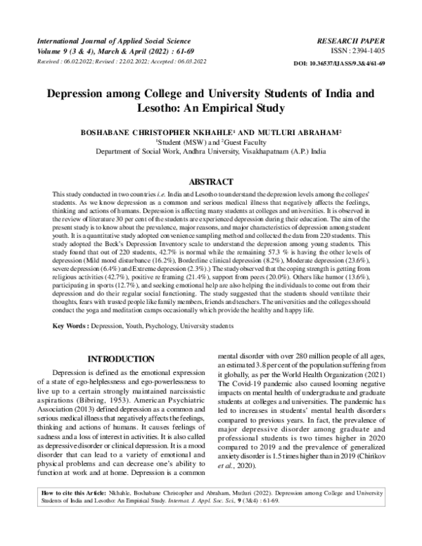 (PDF) Depression among College and University Students of India and ...