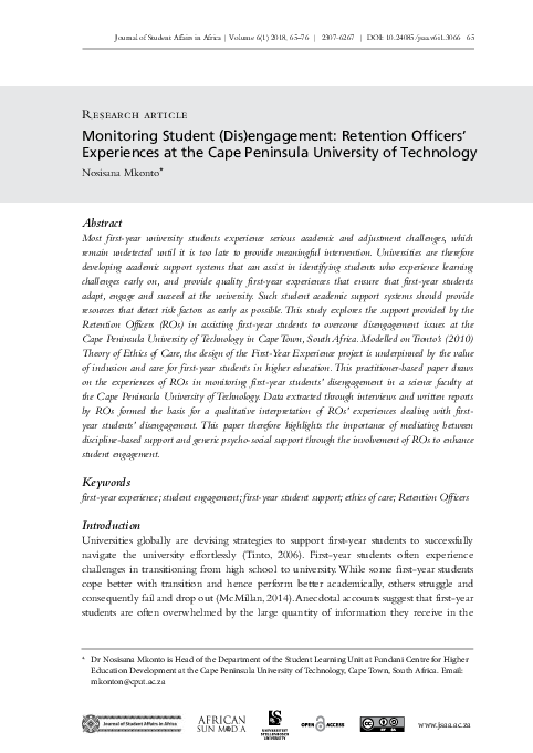 (PDF) Monitoring Student (Dis)engagement: Retention Officers ...