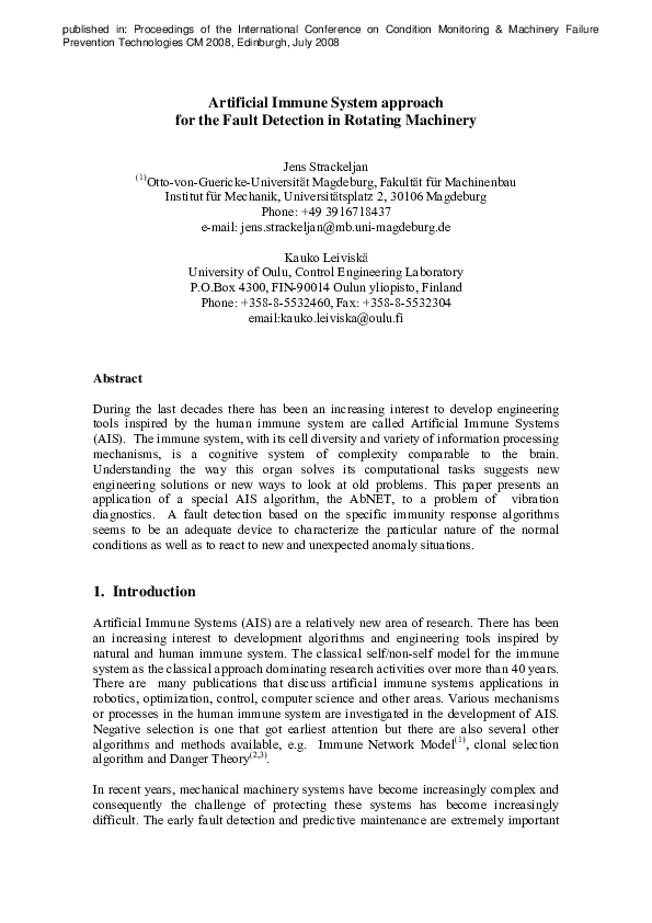 (PDF) Artificial immune system approach for the fault detection in