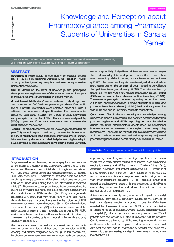 (PDF) Knowledge and Perception about Pharmacovigilance among Pharmacy ...