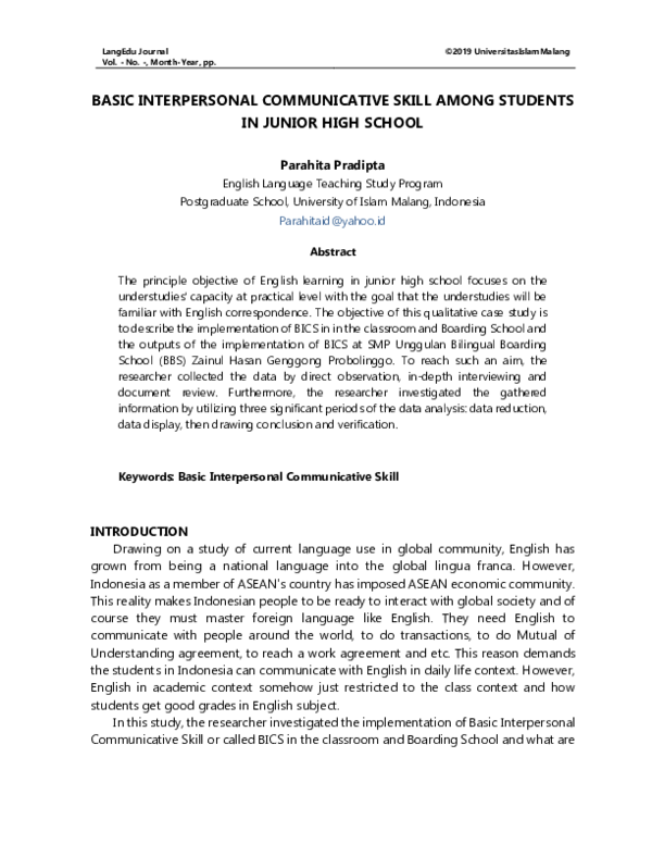 (PDF) BASIC INTERPERSONAL COMMUNICATIVE SKILL AMONG STUDENTS IN JUNIOR ...