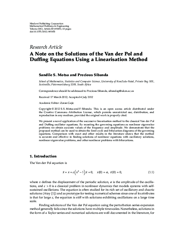 (PDF) A Note on the Solutions of the Van der Pol and Duffing Equations ...