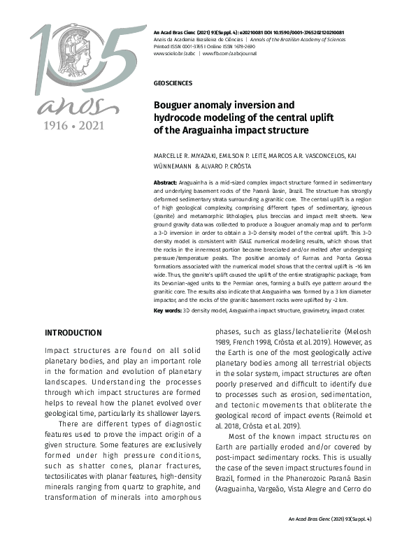 (PDF) Bouguer anomaly inversion and hydrocode modeling of the central ...