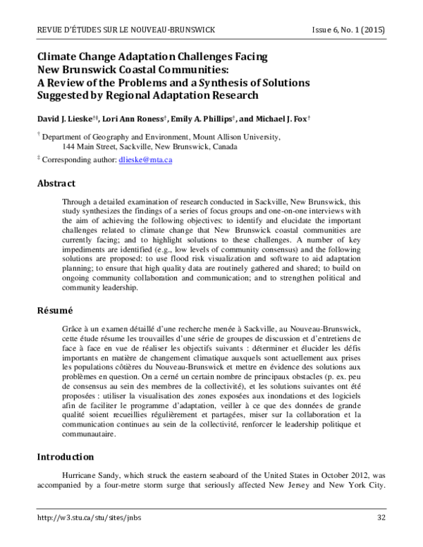 (PDF) Climate Change Adaptation Challenges Facing New Brunswick Coastal ...