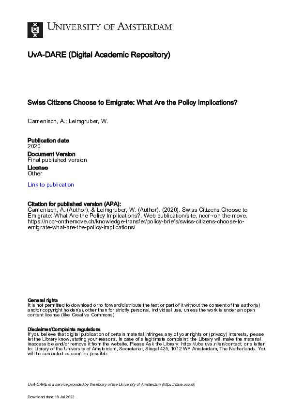 (PDF) Swiss Citizens Choose to Emigrate What Are the Policy Implications Aldina Camenisch