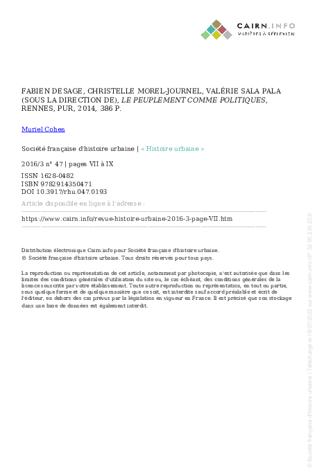 Fabien Desage, Christelle Morel-Journel, Valérie Sala Pala (sous la direction de), Le Peuplement comme politiques, Rennes, PUR, 2014, 386 p
