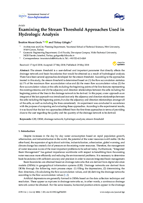 (PDF) Examining the Stream Threshold Approaches Used in Hydrologic Analysis