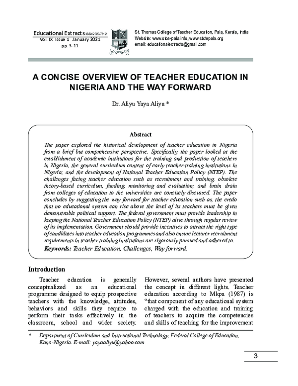 (PDF) A CONCISE OVERVIEW OF TEACHER EDUCATION IN NIGERIA AND THE WAY ...