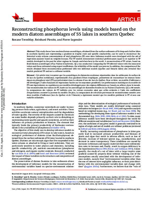(PDF) Reconstructing phosphorus levels using models based on the modern ...