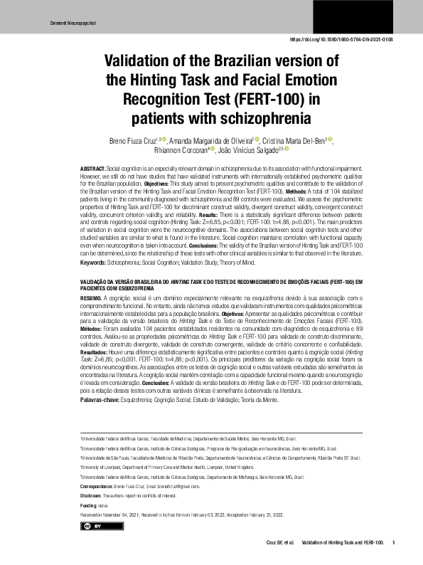 (PDF) Validation of the Brazilian version of the Hinting Task and ...