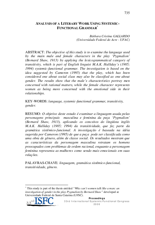 (PDF) Analysis of a Literary Work Using Systemic-Functional Grammar