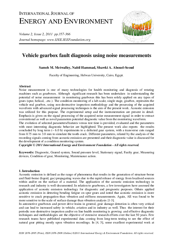 (PDF) Vehicle gearbox fault diagnosis using noise measurements sameh