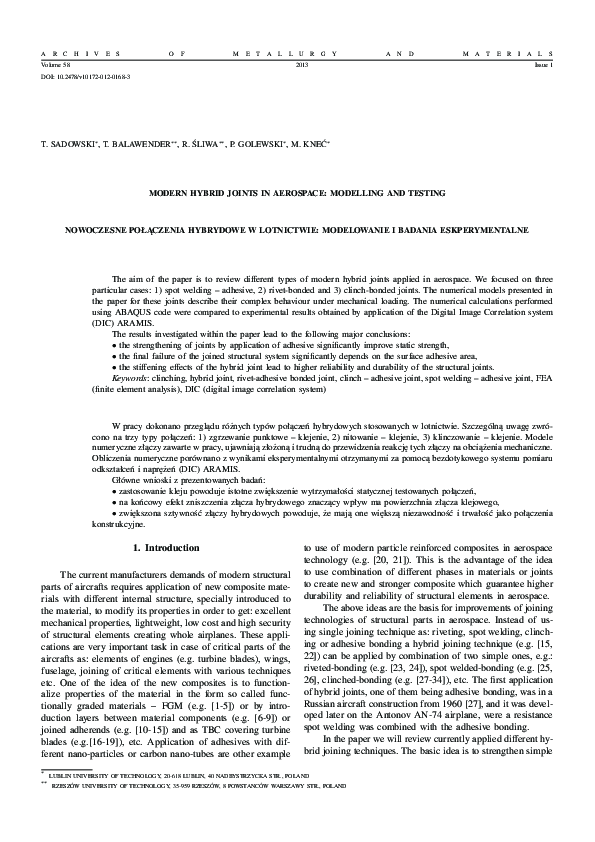 Modern Hybrid Joints in Aerospace: Modelling and Testing / Nowoczesne Połaczenia Hybrydowe W Lotnictwie: Modelowanie I Badania Eskperymentalne
