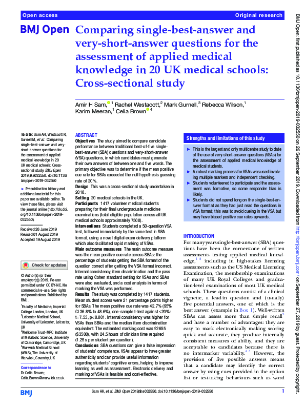(PDF) Comparing single-best-answer and very-short-answer questions for ...