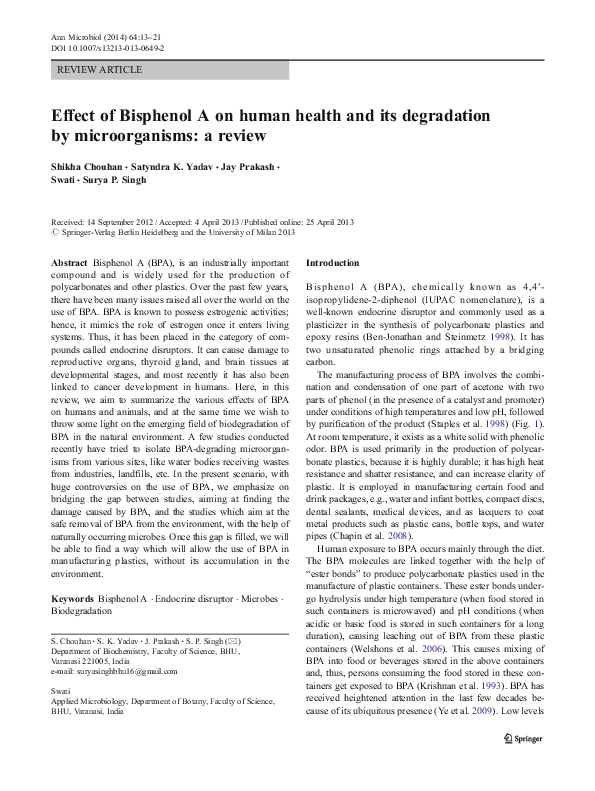 (PDF) Effect of Bisphenol A on human health and its degradation by ...