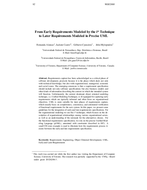 (PDF) From early requirements modeled by the i* technique to later ...