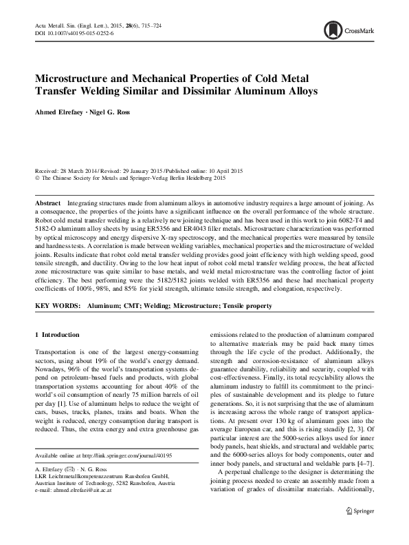 (PDF) Microstructure and Mechanical Properties of Cold Metal Transfer ...