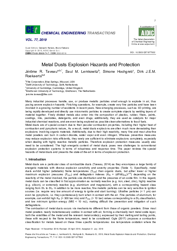 (PDF) Metal dusts explosion hazards and protection Jerome Taveau
