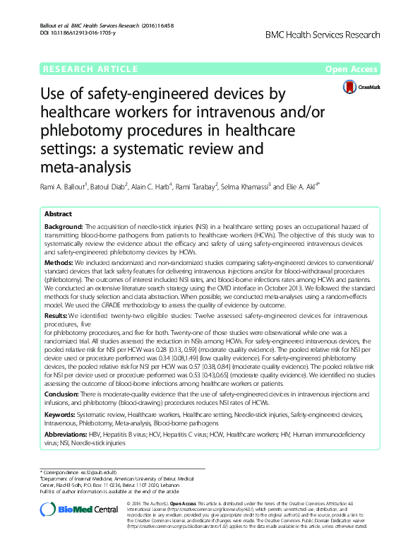 (PDF) Use of safetyengineered devices by healthcare workers for