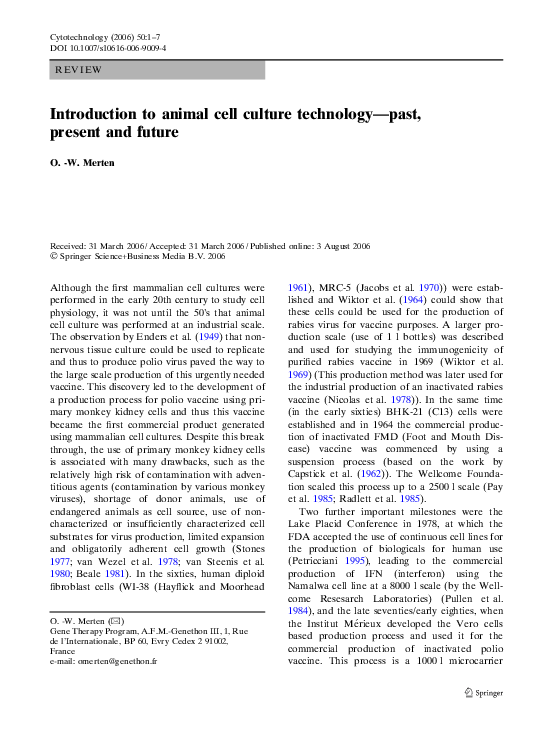 (PDF) Introduction to animal cell culture technology—past, present and