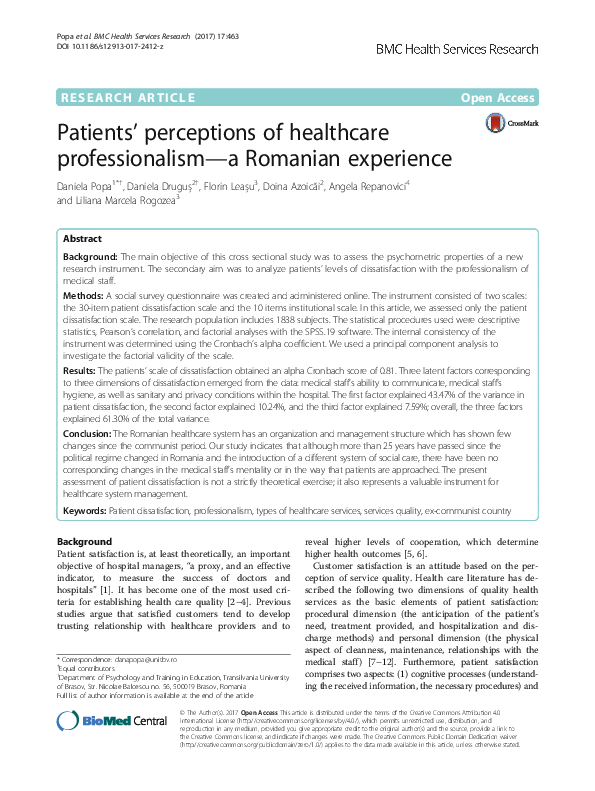 (PDF) Patients' perceptions of healthcare professionalism-a Romanian ...