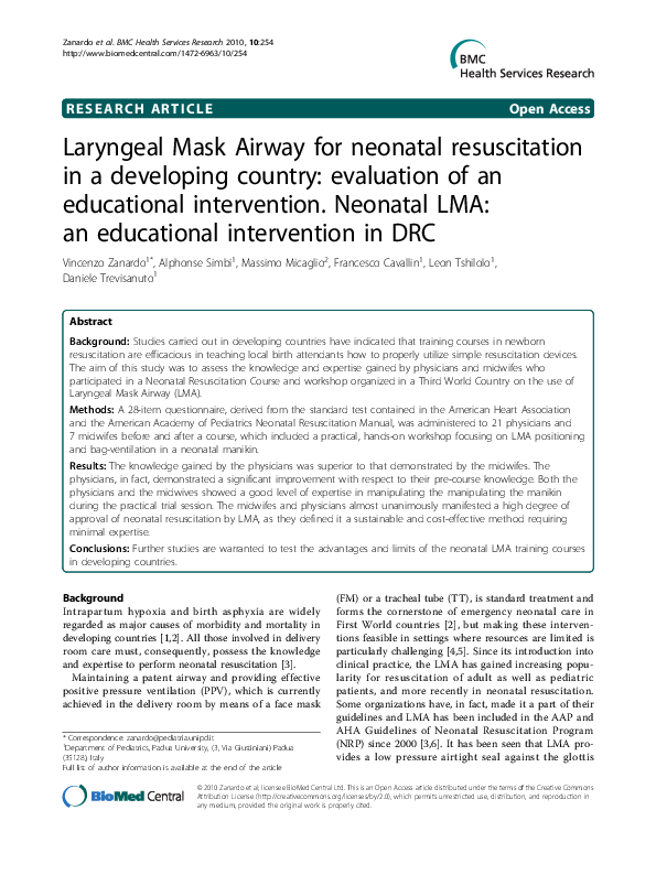 (PDF) Laryngeal Mask Airway for neonatal resuscitation in a developing