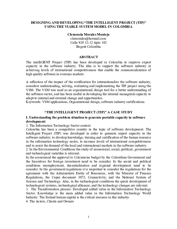 Designing and Developing “The Intelligent Project (Tip)” Using the Viable System Model in Colombia