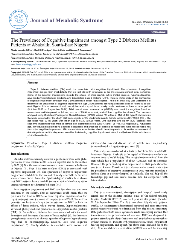 (PDF) The Prevalence of Cognitive Impairment amongst Type 2 Diabetes ...