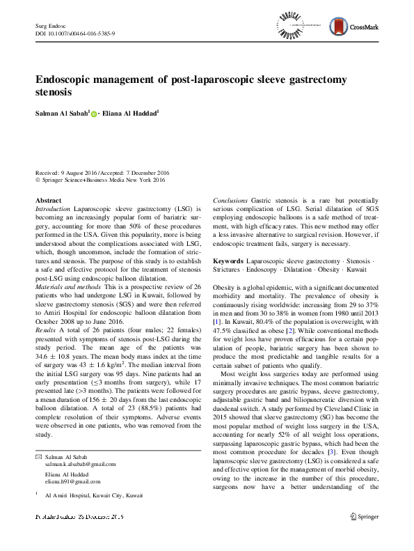 (PDF) Endoscopic management of postlaparoscopic sleeve gastrectomy