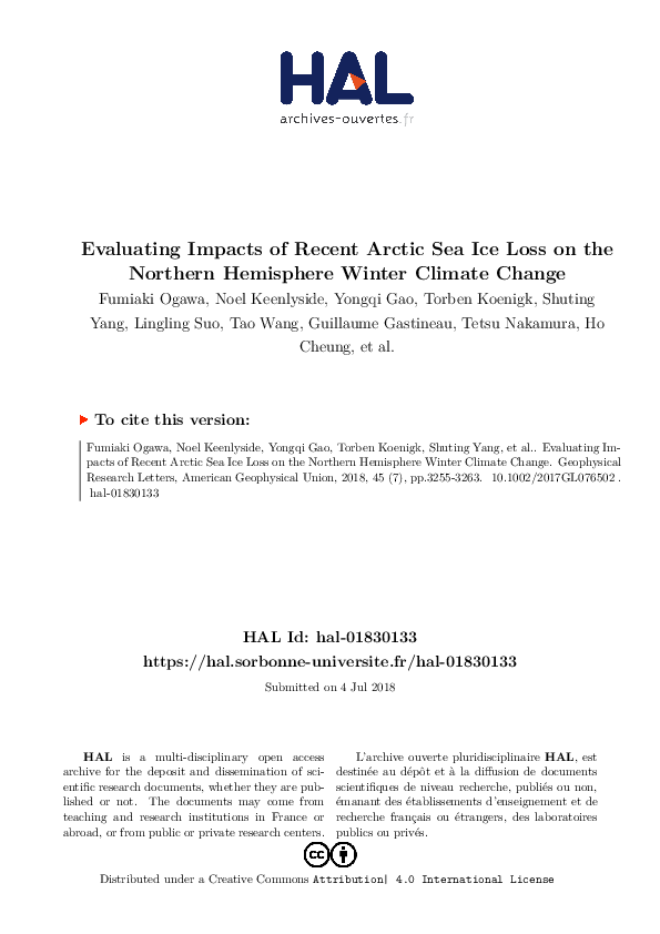 (PDF) Evaluating Impacts of Recent Arctic Sea Ice Loss on the Northern ...