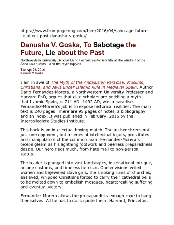 (DOC) Danusha V. Goska, To Sabotage the Future, Lie About the Past