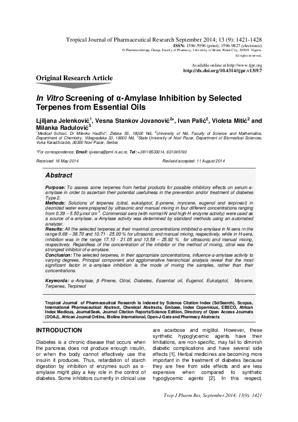 (PDF) In Vitro Screening of α-Amylase Inhibition by Selected Terpenes ...