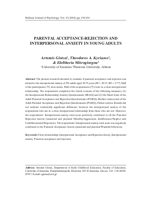(PDF) Parental acceptance-rejection and interpersonal anxiety in young ...
