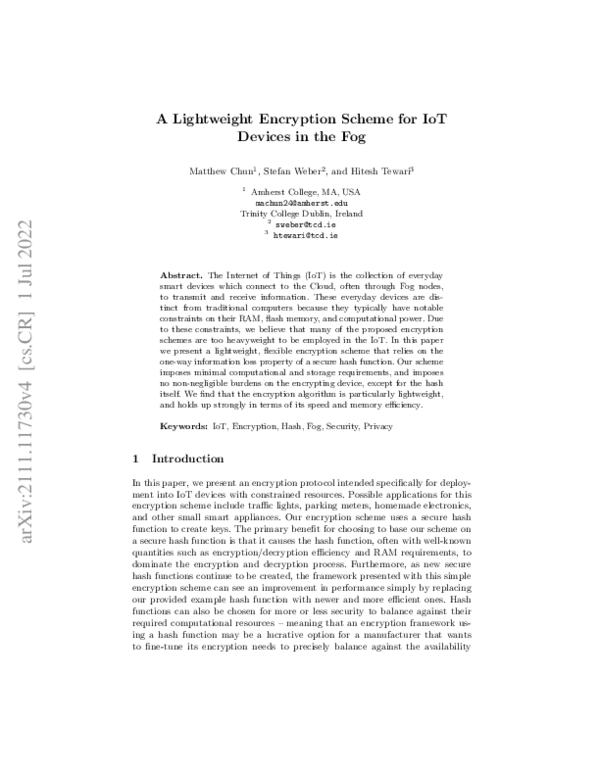 (PDF) A Lightweight Encryption Scheme for IoT Devices in the Fog