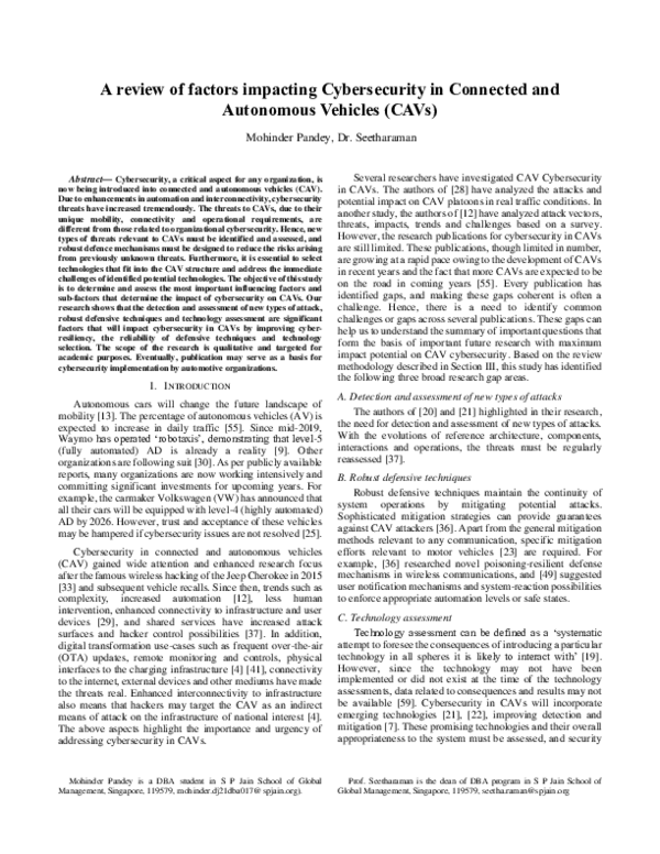 (PDF) A review of factors impacting Cybersecurity in Connected and ...