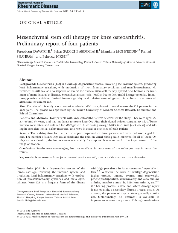 (PDF) Mesenchymal stem cell therapy for knee osteoarthritis ...