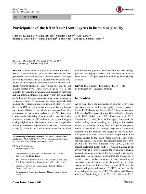 (PDF) Participation of the left inferior frontal gyrus in human originality