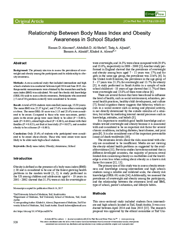 (PDF) Relationship Between Body Mass Index and Obesity Awareness in ...