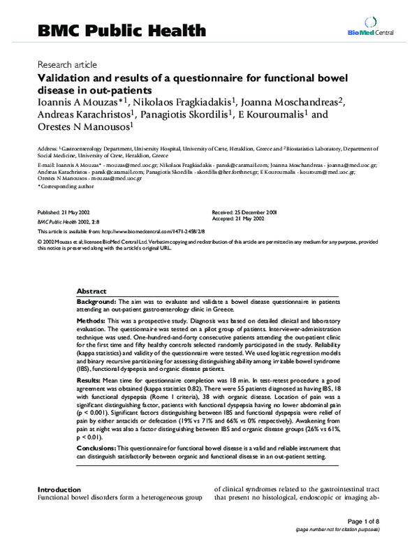 (PDF) Validation and results of a questionnaire for functional bowel