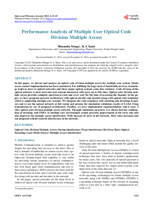 (PDF) Performance Analysis of Multiple User Optical Code Division ...